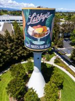 Libby Fruit Cocktail water tower built in 1906 in Sunnyvale, California.  During the facility's heyday, the water tower was the primary source of water for the old cannery and had been painted to resemble a can of Libby’s fruit cocktail, updated every so often to reflect the changes in Libby’s labeling.