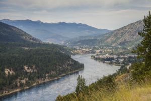 The Columbia River winding through Trail, British Columbia