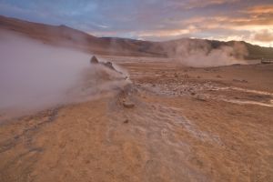 Steam coming out of the ground near Skútustaðahreppur, Northeast Iceland.